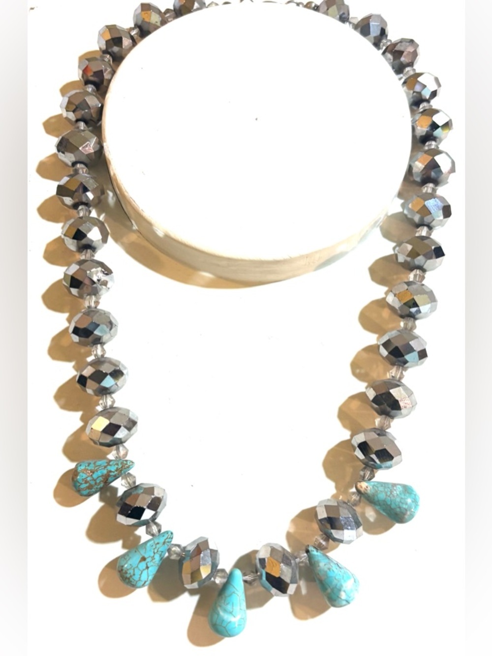Turquoise Teardrop & Silver Faceted Bead Necklace - Women Jewelry